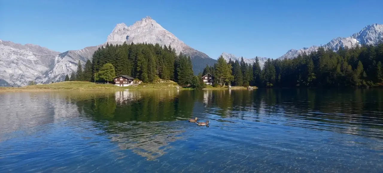 Ein ruhiger Bergsee mit zwei schwimmenden Enten, umgeben von immergrünen Bäumen, Alpenhäusern und hohen, felsigen Gipfeln unter einem klaren blauen Himmel.